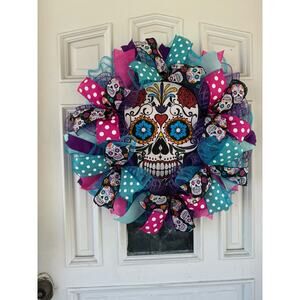 Day of the Dead Sugar Skull Los Dias De Los Muertes Pink Halloween Wreath Decor